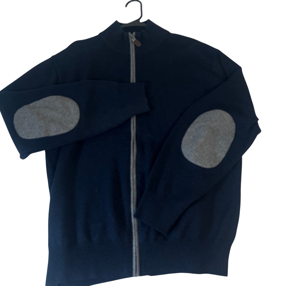 Orvis Mens Navy Blue 100% Wool Full‎ Zip Cardigan Sweater Elbow Patches Large
